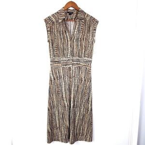 Alfani Printed Shirtdress Stretch Collared Sleeveless Dress Tan Brown Sz…